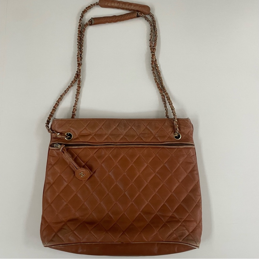 Vintage Chanel brown leather quilted tote bag